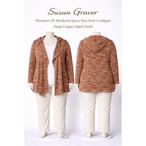 Susan Graver Weekend Space Dye Knit Cardigan Deep Cognac Hooded 3X A297149 NEW
